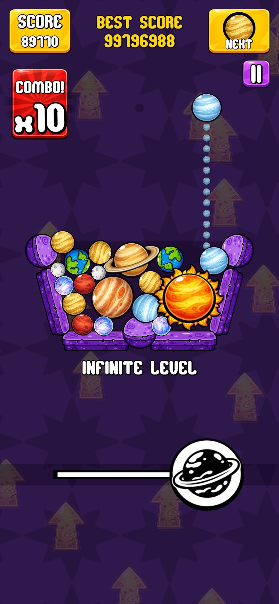 Planet Merge Blast! gameplay screenshot with larger planets.